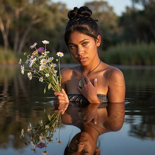 Photograph of a young woman with dark hair in a bun, holding a bouquet of white and purple wildflowers, standing in a serene lake at sunset