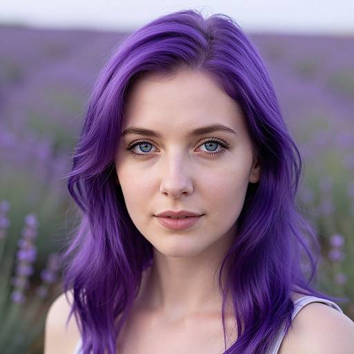 Photograph of a young woman with striking purple hair, blue eyes, and fair skin, standing in a lavender field with a blurred background. She wears