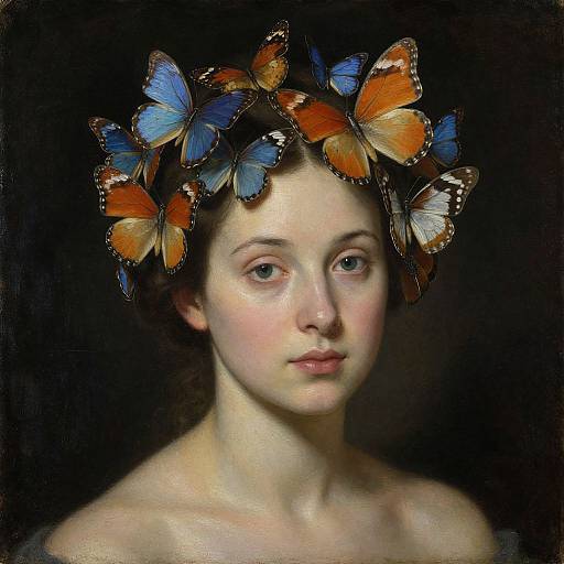 Digital art of a pale-skinned young woman with blue and orange butterfly crown, dark background, realistic portrait style, serene expression.