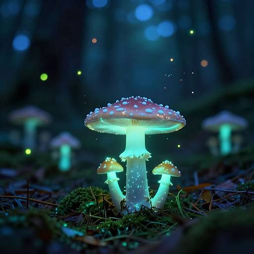 Photograph of glowing, bioluminescent mushrooms in a dark forest, illuminated by blue and green lights, with scattered fireflies in the background.