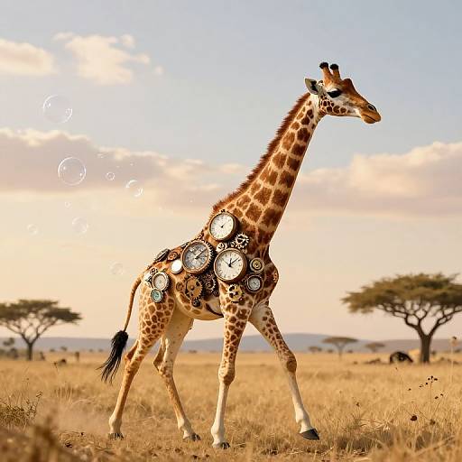 Whimsical Mechanical Giraffe in Savanna