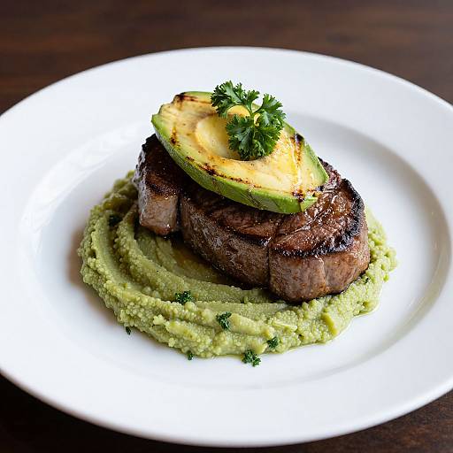 Photograph of a gourmet dish: grilled steak with avocado slice, parsley garnish, on a bed of creamy green mashed potatoes, on a white plate