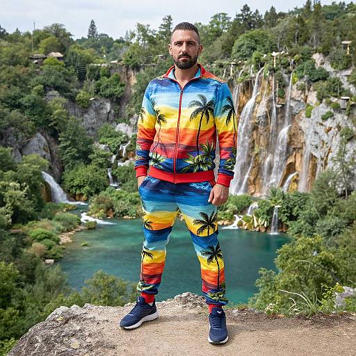 Photograph of a bearded man in vibrant rainbow and palm tree patterned tracksuit, standing on rocky ledge with lush waterfall and forest background.