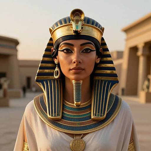 Digital artwork of an Egyptian queen with dark skin, blue and gold striped headdress, large gold earrings, and white robe, standing in a sunlit