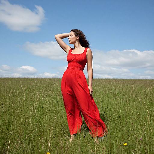 Photograph of a pregnant woman in a red sundress standing in a grassy field under a bright blue sky with white clouds. She has dark hair