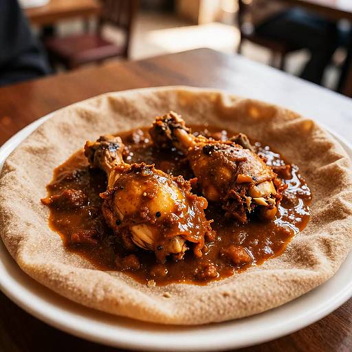 Sunlit Ethiopian Doro Wat on Injera