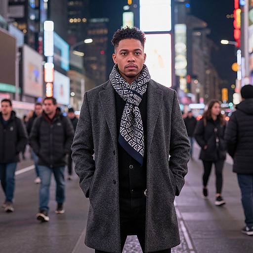 Photograph of a young Black man with short curly hair, wearing a dark gray overcoat, black shirt, and patterned scarf, standing confidently in