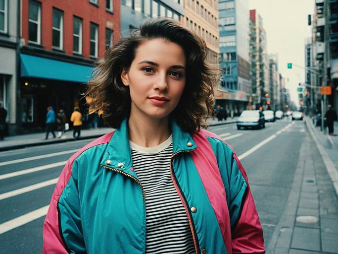 Photograph of a young woman with wavy brown hair, wearing a teal and pink jacket over a striped shirt, standing on a city street with tall