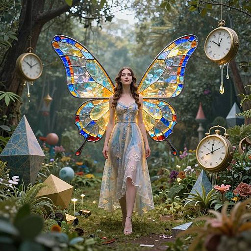 Photograph of a fair-skinned woman with long brown hair, wearing a sheer white dress and vibrant, stained-glass butterfly wings, walking through a