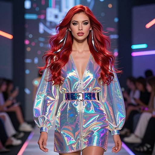 Digital photograph of a red-haired model with long wavy hair, wearing a reflective silver dress with long sleeves and a black belt, walking on a neon