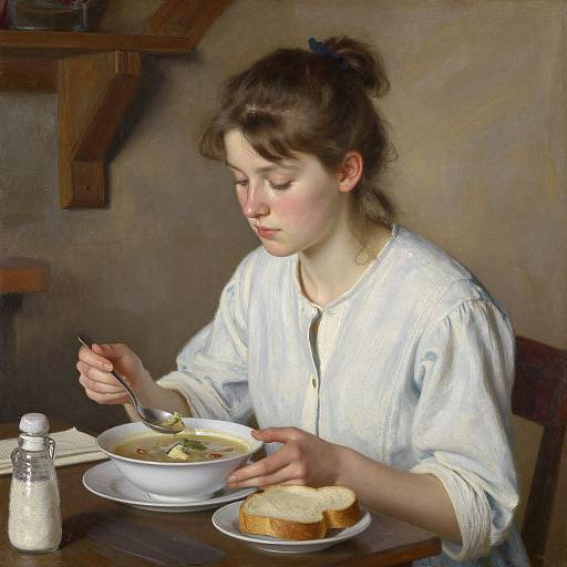 Digital painting of a young woman with fair skin and brown hair in a bun, wearing a white blouse, eating soup at a wooden table with bread and