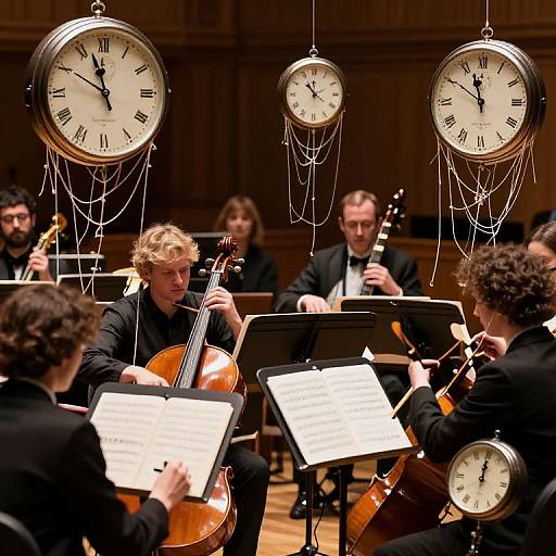 Photograph of a string orchestra with five musicians playing cellos, surrounded by four hanging clock faces, in a wooden-paneled concert hall.