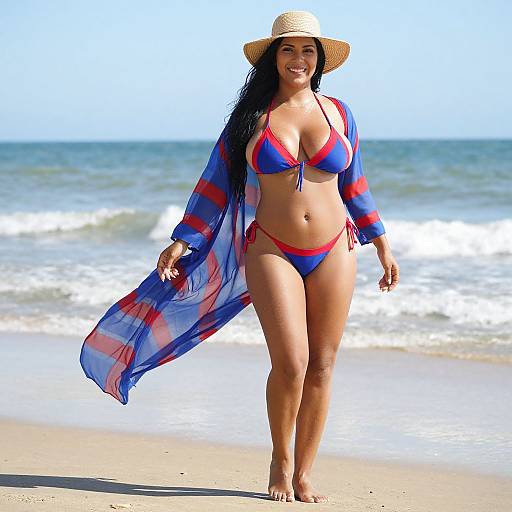 Photograph of a smiling Latina woman with long black hair, wearing a blue and red bikini, sheer blue and red striped cover-up, and straw hat