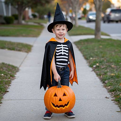 Photograph of a young boy in a black witch hat, striped shirt, and cape, holding a carved pumpkin on a suburban sidewalk.
