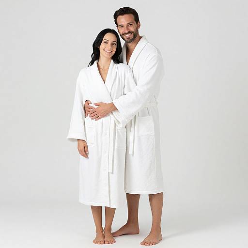 Photograph of a smiling couple wearing white bathrobes, standing closely with the man's arm around the woman's waist, barefoot against a plain