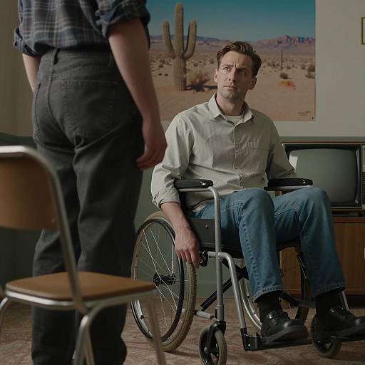 Man in wheelchair in retro room with standing man