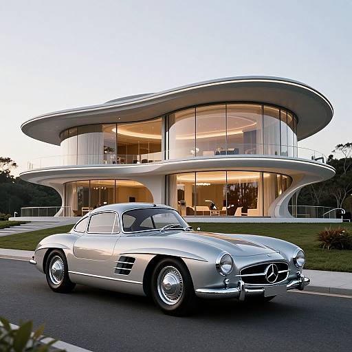 Photograph of a modern, curved glass house at dusk, with a silver classic Mercedes 300SL parked in the foreground.