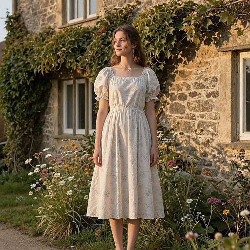 Photograph of a young woman with wavy brown hair, wearing a white, puffed-sleeve, floral-patterned dress, standing in front