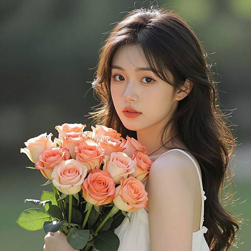 Photograph of an East Asian woman with long black hair, holding a bouquet of peach-colored roses, wearing a white sleeveless dress, against a blurred
