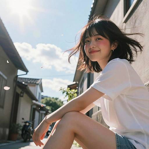 Photograph of a smiling Asian woman with shoulder-length black hair, wearing a white t-shirt and blue shorts, sitting on a sunlit street. Background
