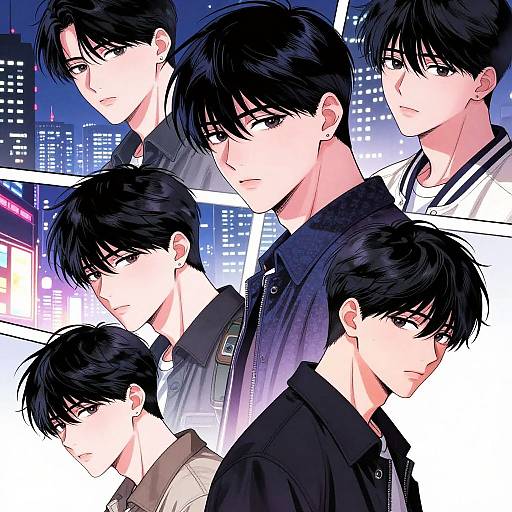 Digital anime-style artwork featuring multiple black-haired, serious-faced young men with light skin, set against a vibrant city night background.