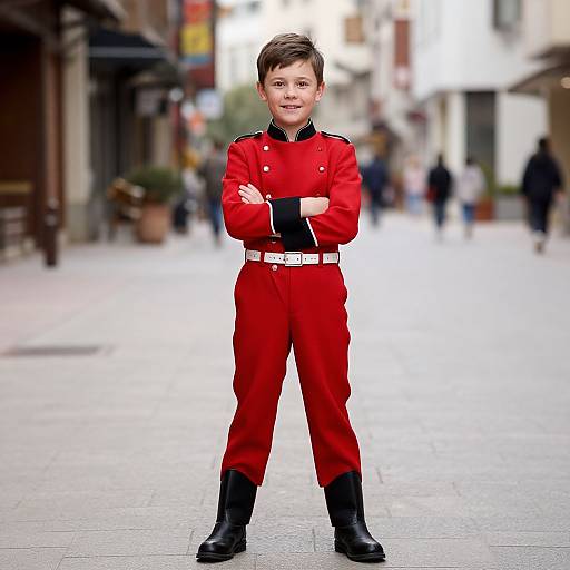 Photograph of a young boy with short brown hair, standing confidently on a blurred city street, wearing a bright red military-style uniform with black boots and
