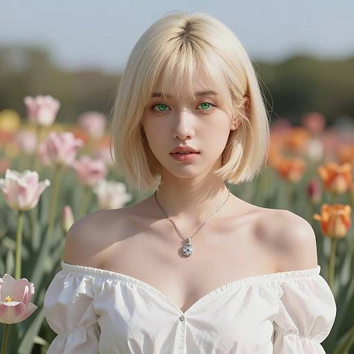 Blonde Woman in White Dress in Flower Garden