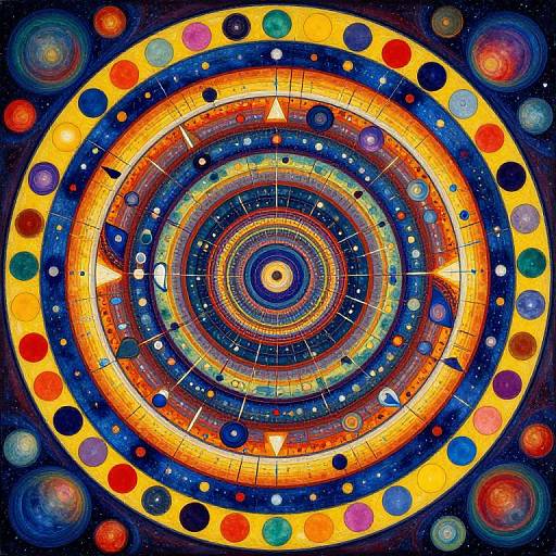 Vibrant, circular abstract artwork with concentric rings, colorful dots, and stars, resembling a cosmic galaxy or mandala, in vivid hues.