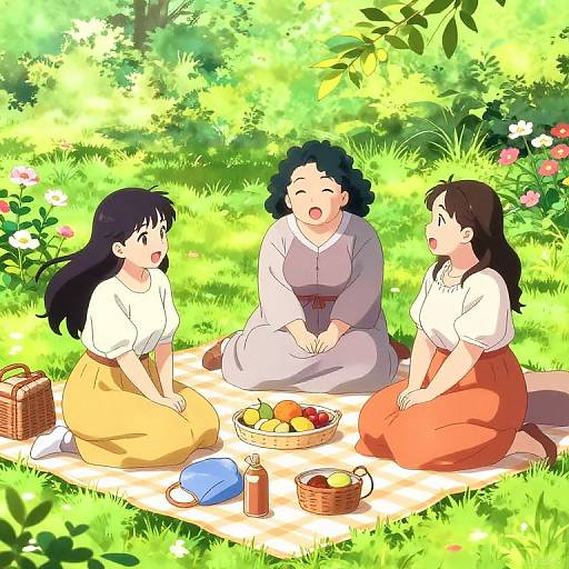 Anime-style digital illustration of three women with varying body types, sitting on a picnic blanket in a sunlit, lush garden, laughing and enjoying a basket