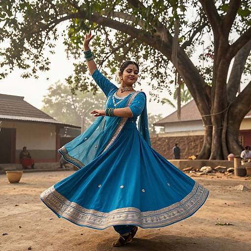 Photograph of a smiling Indian woman in a blue traditional sari with silver trim, dancing outdoors under a large tree, surrounded by rustic buildings.