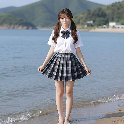 Smiling Asian Girl in Shallow Water