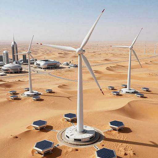 Aerial photograph of white wind turbines with solar panels in a desert, featuring modern buildings and clear blue sky in the background.