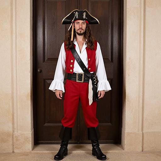 Photograph of a man with long brown hair and beard, dressed as a pirate in a red vest, white shirt, black boots, and tricorn