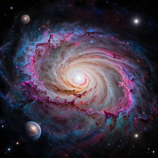 Photograph of a vibrant, spiral galaxy with a bright, glowing core, surrounded by swirling pink, blue, and purple nebulae, and two