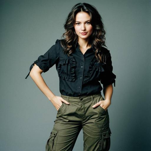 Confident Woman in Black Ruffle Shirt and Cargo Pants