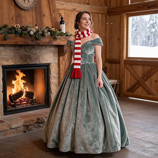 Photograph of a smiling woman with brown hair, wearing a teal off-shoulder ball gown and red-and-white striped scarf, standing in a wooden