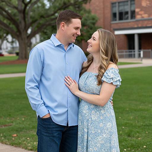 Photograph of a smiling couple; man in light blue shirt and dark jeans, woman in white floral dress, standing on grass in front of a brick