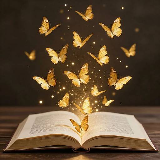 Photograph of an open book emitting glowing, ethereal golden butterflies with sparkling lights, against a dark background.