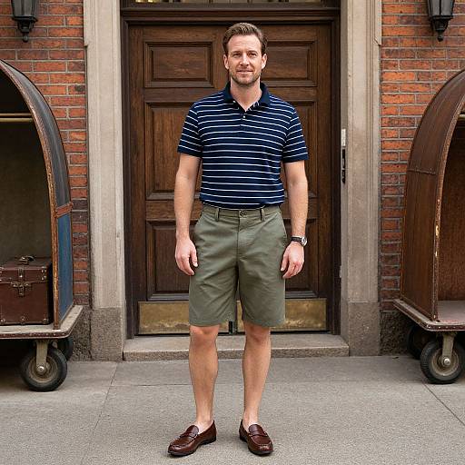 Photograph of a smiling, fit Caucasian man in a navy striped polo, olive shorts, and brown loafers, standing in front of a brick building