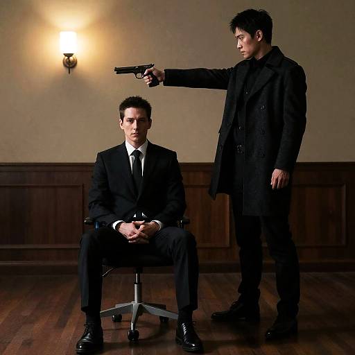 Tense Standoff in a Dim Room