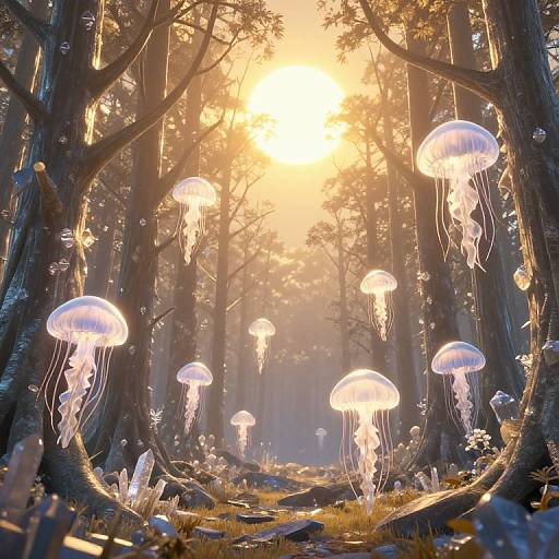 Ethereal 3D Forest with Shadow Jellyfish