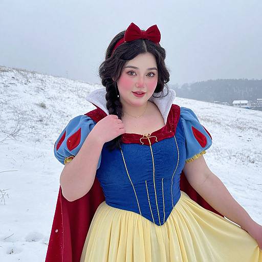 Photograph of a fair-skinned woman in a Snow White costume with blue bodice, yellow skirt, red cape, and red bow, standing in