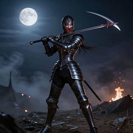Dark knight in black armor with blood-stained face, holding dual scythes under a full moon, amidst a burning battlefield. Digital artwork.