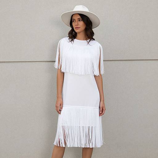 Photograph of a dark-haired woman in a white fringed dress and wide-brimmed hat, standing against a plain white wall.
