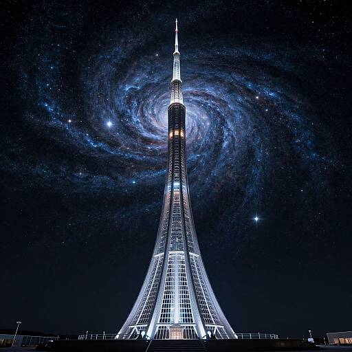 Photograph of the Burj Khalifa at night, illuminated with bright white lights, with a digitally added swirling galaxy backdrop in the sky.