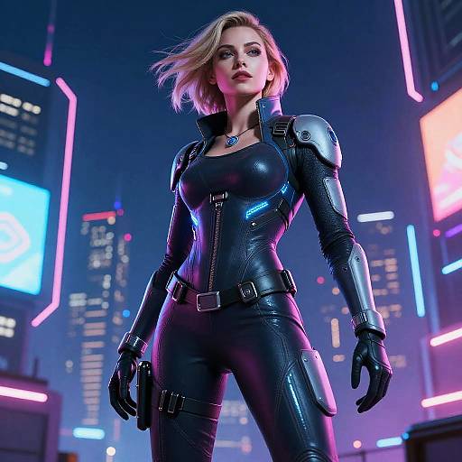 Digital illustration of a confident blonde woman in a black, form-fitting, armored suit, standing in a neon-lit, futuristic cityscape. She