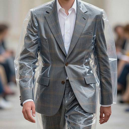 Photograph of a man in a gray plaid suit with transparent plastic sleeves, white shirt, brown buttons, walking down a blurred runway.