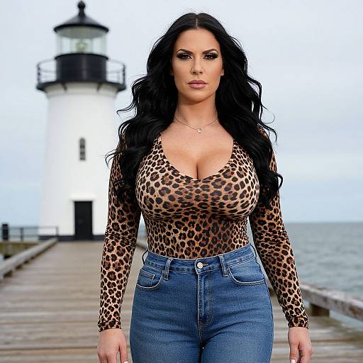 Photograph of a curvy woman with long black hair, wearing a leopard print top and blue jeans, standing on a wooden pier with a white l