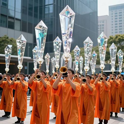 Photograph of a Buddhist procession featuring monks in orange robes holding large, clear, faceted lanterns, marching through a city street.