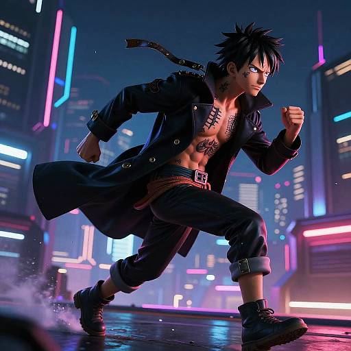 Cyberpunk Luffy Racing Through City